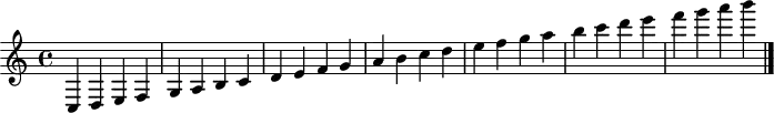 
X:1
M:C
L:1/4
K:C
C, D, E, F,|G, A, B, C|D E F G|A B c d|
e f g a|b c' d' e'|f' g' a' b'|]
