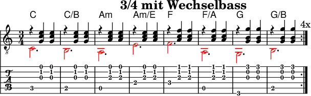 \version "2.20.0"
\header {
title="3/4 mit Wechselbass"
encoder="mjchael"
}
%Diskant- bzw. Melodiesaiten
Diskant = {
r4 < g c' e'> < g c' e'> | r < g c' e'> < g c' e'> | % C /B
r4 < a c' e'> < a c' e'> | r < a c' e'> < a c' e'> | % Am
r4 < a c' f'> < a c' f'> | r < a c' f'> < a c' f'> | % F
r4 < g b g'> < g b g'> | r < g b g'> < g b g'> | % G
\mark "4x"
}
%Basssaiten, die hier nur mit dem Daumen gespielt werden.
Bass = {
\override NoteHead.color = #red
\override Stem.color = #red
\override Beam.color = #red
\override Accidental.color = #red
\override Staff.LedgerLineSpanner.color = #red
c2. b, a, e f a, g, b,
}
% Layout- bzw. Bildausgabe
\score {
<<
\new ChordNames {
\chordmode {
c2. c:/b a:m a:m/e f f:/a g g:/b
}
}
{
%Noten
\new Staff <<
\tempo 4 = 120
%Tempo ausblenden
\set Score.tempoHideNote = ##t
\time 3/4
\key c \major
\set Staff.midiInstrument = #"acoustic guitar (nylon)"
\clef "G_8" \repeat volta 4
% Noten im Diskant
\Diskant
\\
% Noten im Bass - beachte: Wiederholungszeichen ist für Midi notwendig!
\repeat volta 4
\Bass
>>
}
% Tabulatur
\new TabStaff {
% \tabFullNotation
\repeat volta 4
<<
% Tabulatur im Diskant
\Diskant
\\
% Tabulatur im Bass
\Bass
>>
}
>>
\layout {}
}
% Midiausgabe mit Wiederholungen, ohne Akkorde
\score {
<<
\unfoldRepeats {
\new Staff <<
\tempo 4 = 120
\time 4/4
\key c \major
\set Staff.midiInstrument = #"acoustic guitar (nylon)"
\clef "G_8" \repeat volta 4
\Diskant
\\
\repeat volta 4
\Bass
>>
}
>>
\midi {}
}
% unterdrückt im raw="!"-Modus das DinA4-Format.
\paper {
indent=0\mm
% DinA4 0 210mm - 10mm Rand - 20mm Lochrand = 180mm
line-width=180\mm
oddFooterMarkup=##f
oddHeaderMarkup=##f
% bookTitleMarkup=##f
scoreTitleMarkup=##f
}
