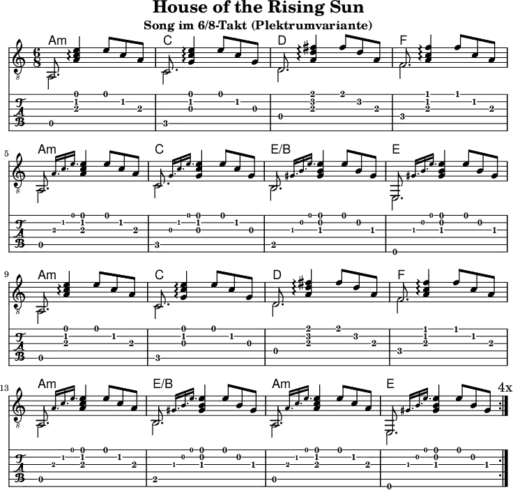 \version "2.20.0"
\header {
title="House of the Rising Sun"
subtitle="Song im 6/8-Takt (Plektrumvariante)"
encoder="mjchael"
}
myDiskant = {
%% nachgestelltes arpeggio statt vorangestelltes grace
a,8 <a c' e' >4\arpeggio e'8 c' a | % Am
c8 <g c' e' >4\arpeggio e'8 c' g | % C
d8 <a d' fis'>4\arpeggio fis'8 d' a | % D
f8 <a c' f' >4\arpeggio f'8 c' a | % F
\break
a,8 \grace { a16. c' e'}<a c' e'>4 e'8 c' a | % Am
c8 \grace {g16. c' e' }<g c' e'>4 e'8 c' g | % C
b,8 \grace {gis16. b e' }<gis b e'>4 e'8 b gis | % E/B
e,8 \grace { gis16. b e'}<gis b e'>4 e'8 b gis | % E
\break
a,8 <a c' e' >4\arpeggio e'8 c' a | % Am
c8 <g c' e' >4\arpeggio e'8 c' g | % C
d8 <a d' fis'>4\arpeggio fis'8 d' a | % D
f8 <a c' f' >4\arpeggio f'8 c' a | % F
\break
a,8 \grace { a16. c' e'}<a c' e'>4 e'8 c' a | % Am
b,8 \grace { gis16. b e'}<gis b e'>4 e'8 b gis | % E/B
a,8 \grace {a16. c' e' }<a c' e'>4 e'8 c' a | % Am
e,8 \grace {gis16. b e' }<gis b e'>4 e'8 b gis | % E
\mark "4x"
}
myBass = {
a,2. c d f
a, c b, e,
a, c d f
a, b, a, e,
}
%% Layout
\score {
<<
\new ChordNames {
\chordmode {
a2.:m c d f
a:m c e:/b e
a:m c d f
a:m e:/b a:m e
}
}
{
%Noten
\new Staff <<
\tempo 4 = 120
%Tempo ausblenden
\set Score.tempoHideNote = ##t
\time 6/8
\key a \minor
\set Staff.midiInstrument = #"acoustic guitar (nylon)"
\clef "G_8"
\repeat volta 4 \mergeDifferentlyHeadedOn \mergeDifferentlyDottedOn
\myDiskant
\\
\repeat volta 4
\myBass
>>
}
% Tabulatur
\new TabStaff {
%% 2x Notenhälse bei ½ Noten verwirren.
% \tabFullNotation
\repeat volta 4
<<
\myDiskant
\\
\myBass
>>
}
>>
\layout {}
}
%% Midiausgabe mit Wiederholungen, ohne Akkorde
\score {
<<
\unfoldRepeats {
\new Staff <<
\tempo 4 = 120
\time 6/8
\key c \major
\set Staff.midiInstrument = #"acoustic guitar (nylon)"
\clef "G_8" \repeat volta 4
\myDiskant
\\
\repeat volta 4
\myBass
>>
}
>>
\midi {}
}
% unterdrückt im raw="!"-Modus das DinA4-Format.
\paper {
indent=0\mm
% DinA4 0 210mm - 10mm Rand - 20mm Lochrand = 180mm
line-width=180\mm
oddFooterMarkup=##f
oddHeaderMarkup=##f
% bookTitleMarkup=##f
scoreTitleMarkup=##f
}