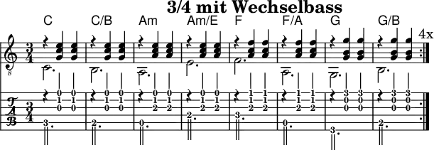 \version "2.20.0"
\header {
title="3/4 mit Wechselbass"
encoder="mjchael"
}
%Diskant- bzw. Melodiesaiten
Diskant = {
r4 < g c' e'> < g c' e'> | r < g c' e'> < g c' e'> | % C /B
r4 < a c' e'> < a c' e'> | r < a c' e'> < a c' e'> | % Am
r4 < a c' f'> < a c' f'> | r < a c' f'> < a c' f'> | % F
r4 < g b g'> < g b g'> | r < g b g'> < g b g'> | % G
\mark "4x"
}
%Basssaiten, die hier nur mit dem Daumen gespielt werden.
Bass = {
c2. b, a, e f a, g, b,
}
% Layout- bzw. Bildausgabe
\score {
<<
\new ChordNames {
\chordmode {
c2. c:/b a:m a:m/e f f:/a g g:/b
}
}
{
%Noten
\new Staff <<
\tempo 4 = 120
%Tempo ausblenden
\set Score.tempoHideNote = ##t
\time 3/4
\key c \major
\set Staff.midiInstrument = #"acoustic guitar (nylon)"
\clef "G_8" \repeat volta 4
% Noten im Diskant
\Diskant
\\
% Noten im Bass - beachte: Wiederholungszeichen ist für Midi notwendig!
\repeat volta 4
\Bass
>>
}
% Tabulatur
\new TabStaff {
\tabFullNotation \repeat volta 4
<<
% Tabulatur im Diskant
\Diskant
\\
% Tabulatur im Bass
\Bass
>>
}
>>
\layout {}
}
% Midiausgabe mit Wiederholungen, ohne Akkorde
\score {
<<
\unfoldRepeats {
\new Staff <<
\tempo 4 = 120
\time 4/4
\key c \major
\set Staff.midiInstrument = #"acoustic guitar (nylon)"
\clef "G_8" \repeat volta 4
\Diskant
\\
\repeat volta 4
\Bass
>>
}
>>
\midi {}
}
% unterdrückt im raw="!"-Modus das DinA4-Format.
\paper {
indent=0\mm
% DinA4 0 210mm - 10mm Rand - 20mm Lochrand = 180mm
line-width=180\mm
oddFooterMarkup=##f
oddHeaderMarkup=##f
% bookTitleMarkup=##f
scoreTitleMarkup=##f
}