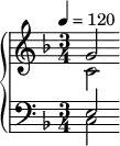 {
 \new PianoStaff <<
   \new Staff {  \tempo 4=120 \clef violin 
     \key f \major \time 3/4 << { g'2 } 
     \\ { c'2 } >> }
   \new Staff { 
     \clef bass   \key f \major \time 3/4 
     << { e2  } \\ { c2  } >> } 
  >> }