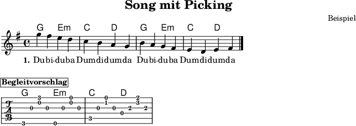 
\version "2.20.0"
\header {
  title = "Song mit Picking"
  composer = "Beispiel"
  % arranger = "arr: ccbysa de.Wikibooks.org/Gitarre (mjchael)"
}

myKey = {
  \clef "treble"
  \time 4/4
  \tempo 4 = 120
  \set Score.tempoHideNote = ##t
  \key g\major
}

%% ChordNames
myChords = \chordmode {
  \set chordChanges = ##t
  g2 e:m c d g2 e:m c d
}

%% Picking
myG =  { g,8 g <b g'> g }
myEm = { e,8 g <b e'> g }
myC =  {  c8 g <c' e'> g }
myD =  {  d8 a <d' fis'> a }
myDiskant = {
  \myG  \myEm \myC  \myD \myG  \myEm \myC  \myD
}

myBass = {
  g,2 e, c d g, e, c d
}
myEnd = {g1}

myPicking = {
  \myKey
  \set Staff.midiInstrument = #"acoustic guitar (nylon)"
  <<   \clef "G_8"  \myDiskant  \\   \myBass  >>
}

myMelody = \relative c'' {
  \myKey
  \set Staff.midiInstrument = #"trombone"
  % \partial 4 g'4 |
  g'4 fis e d c b a g |
  b a g fis e d e fis
  \bar "|."
}

myLyrics = \lyricmode {
  \set stanza = "1."
  Du -- bi -- du -- ba Dum -- di -- dum -- da
  Du -- bi -- du -- ba Dum -- di -- dum -- da
}

\score {
  <<
    \new ChordNames { \myChords }
    \new Voice = "mySong" { \myMelody }
    \new Lyrics \lyricsto "mySong" { \myLyrics }
    % \new Staff { \mergeDifferentlyHeadedOn \myPicking } % test
    % \new TabStaff { \mergeDifferentlyHeadedOn \myPicking } %Test
  >>
  \layout { }
}

%% Begleitvorschlag
\markup { \box \bold Begleitvorschlag}
\score{
  <<
    \new ChordNames {  \chordmode  {g2 e:m c d } }
    \new TabStaff { \myG  \myEm \myC  \myD}
  >>
}
\score {

  <<
    \new TabStaff { \myPicking \myEnd }
    \new Voice = "mySong" { \myMelody }
    \new Lyrics \lyricsto "mySong" { \myLyrics }
  >>
  \midi { }
}
\paper {
  indent=0\mm
  line-width=180\mm
  oddFooterMarkup=##f
  oddHeaderMarkup=##f
  % bookTitleMarkup=##f
  scoreTitleMarkup=##f
}
%