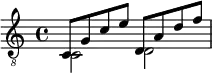 {
<<
\clef "treble_8"
{ c8 g c' e' d a d' f'}
\\
{ c2 d }
>>
}