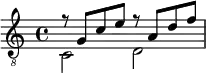 {
<<
\clef "treble_8"
{ r8 g c' e' r a d' f'}
\\
{ c2 d }
>>
}