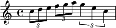  
  { 
    \times 2/3 
    { c''8 d'' e'' } 
    \times 2/3 
    { f'' g'' a'' } 
    \times 2/3 { g''4 e'' c'' } 
  } 
