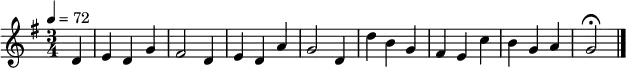 \relative g' { \tempo 4 = 72 \key g \major \time 3/4 \partial 4 d e d g fis2 d4 e d a' g2 d4 d' b g fis e c' b g a g2 \fermata \bar "|." } 