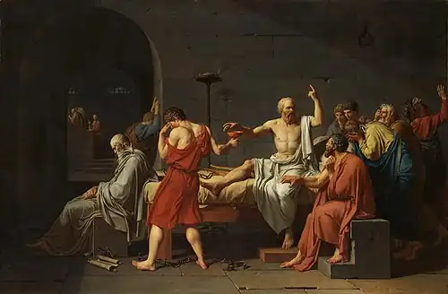 The painting depicts the suicide of Socrates.