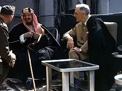 Abdul Aziz Al-Saud, the founder and first King of the modern state of Saudi Arabia, alongside President of the United States of America Franklin D. Roosevelt at the close of the Yalta Conference of 1945.