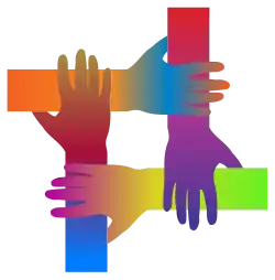 A depiction of 4 interlocking hands.