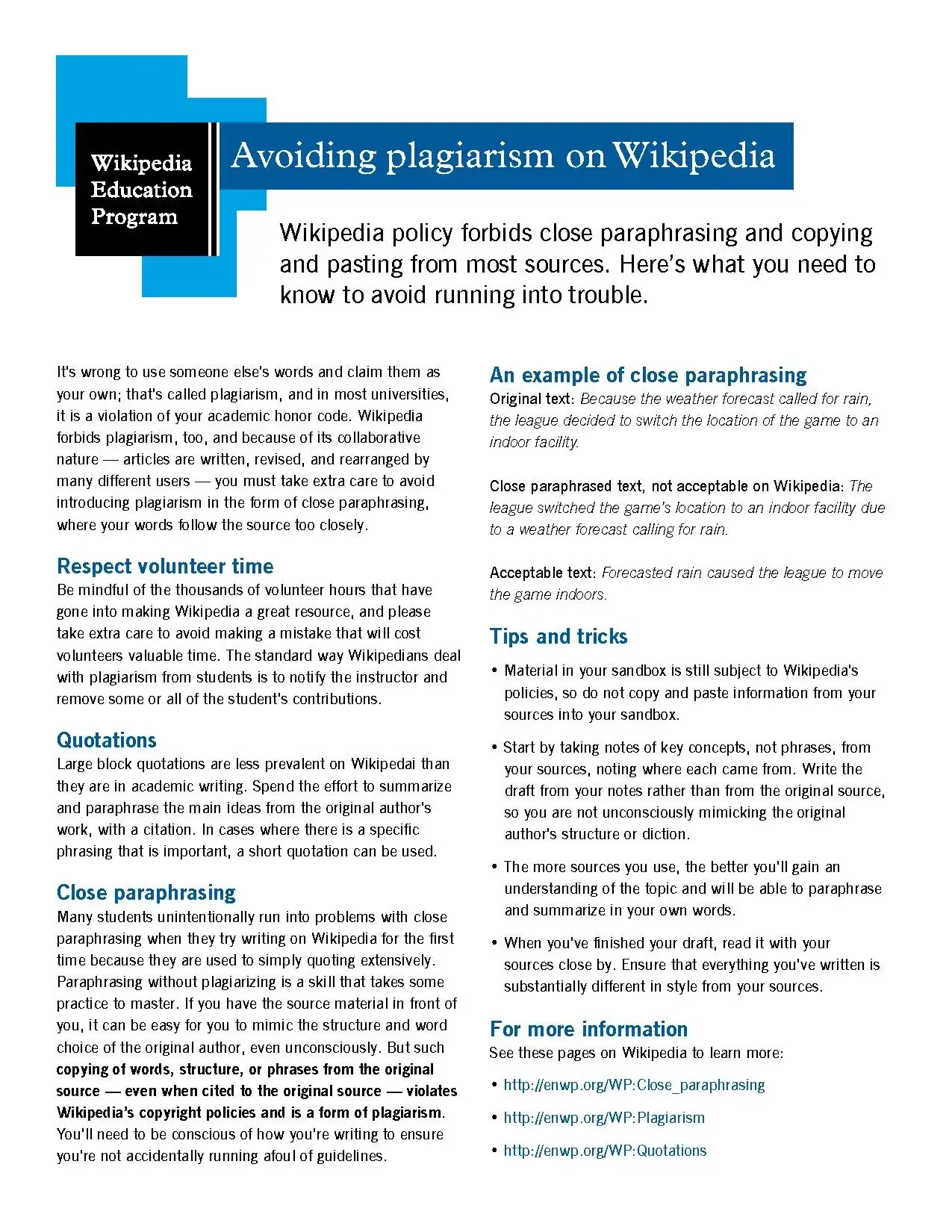 Classroom handout - Avoiding plagiarism on Wikipedia