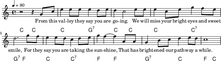 {\language "english" \new PianoStaff
%%%%%%%%%%%%%%%%%%%%%%%%%%%%%%%%%%%%%%%%%%%%%%%%%%%%%%%%%%%%%%%%%%%%%%%%%%%%%%%%%%%%
\transpose c f
%%%%%%%%%%%%%%%%%%%%%%%%%%%%%%%%%%%%%%%%%%%%%%%%%%%%%%%%%%%%%%%%%%%%%%%%%%%%%%%%%%%%
<< \new Staff\relative c'{\set Staff.midiInstrument= #"reed organ" \clef treble \key g \major
%%%%%%%%%%%%%%%%%%%%%%%%%%%%%%%%%%%%%%%%%%%%%%%%%%%%%%%%%%%%%%%%%%%%%%%%%%%%%%%%%%%%
%%% Other instruments: #"reed organ" | #"lead 2" %
%%%%%%%%%%%%%%%%%%%%%%%%%%%%%%%%%%%%%%%%%%%%%%%%%%%%%%%%%%%%%%%%%%%%%%%%%%%%%%%%%%%%
\time 4/4 \tempo 4=80
% Notes
r2 r4 d8 g8 %1
b4 b8 b8 b4 a8 b8 %2
a4 g2 b8 b8 %3
b4 g8 b d4 c8 b %4
a2. d8 c %5
b4 b8 a g4 a8 b %6
d4 c4 ~c4 e,8 e8 %7
d4 fs8 g8 a4 b8 a %8
g1 %9
} \addlyrics{
From this val -- ley they say you are go -- ing.
We will miss your bright eyes and sweet smile,
For they say you are ta -- king the sun -- shine,
That has bright -- ened our path -- way a while.
}
\new ChordNames {\chordmode {\clef bass % Chords
g,2 g, %1
g d:7 %2
g, g, %3
g g:7 %4
d:7 c %5
g g:7 %6
c c %7
d:7 g %8
c g %9
}
}>>}