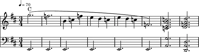 %LILY_PREAMBLE
\language "english" {\new Staff  \with{\magnifyStaff #4/3 }%Need gap before bracket
<<\time 3/4 \key d \major \relative c''{\clef treble\tempo 4=70
g'2.^\markup {C}  (          |f2.             | b,4 c f      | e d c       |%36 Begin part 1C
e d c      |f,2.      )    |<c e a c>     |<d f a d>        |%40 End part 1C
}\new Staff \with{\magnifyStaff #4/3 }%Need gap before bracket
<<\time 3/4 \key d \major \relative c'{\clef bass 
% BEGIN PART 2C
% END PART 2C
} \new Voice= "first" \relative c {\clef bass\voiceOne 
e, |e | e | e  |%36 BEGIN PART 3C
e |e  |   | <a g'>             | <d, a' d>       |%40 END PART 3C
}>>>>}