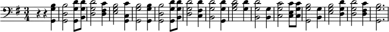  % Adding least one space before each line is recommended
 { \language "english"                % Songs have the format <score>{lots of stuff}
 \new PianoStaff <<
 \new Staff \relative c  { 
  \set Staff.midiInstrument = #"piano" \clef bass \time 3/4  \key g \major \transpose g c
 r4 r4 <g g' b> % 1 A
 <g d' b'>2 <g g' d'>8 <b g' d'>8 % 2 mazing
 <d g d'>2 <d fs c'>4    % 3 grace h ow
 <e g b>2 <c g c'>4    % 4 sweet the
 <g g' b>2 <g g' b>4    % 5 sound that 
 <g d' b'>2  <g g' d'>8 <b g' d'>8 % 6 saved a
 <d g d'>2 <c fs d'>4    % 7 wretch like
 <b g' d'>2 <g g' d'>4   % 8 me I
 <g' b d>2  <g d'>4  % 9 once was 
 <b, g' d'>2 <b g'>4  % 10 lost but
 <c g' c>2 <c e c'>8 <c g' c>8 % 11 now am
 <g g' b>2 <b g'>4 % 12 found, was
 <e g b>2 <d g d'>4 % 13 blind, but
 <d g d'>2 <d fs c'>4 % 14 now I
 <g, g' b>2. % 15 see
 } >> }
