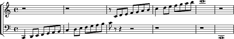 \language "english" \relative c{ \new ChoirStaff << \new Staff <<\new Voice
\transpose c c
% \transpose c c IS DEFAULT: CHANGE TO c d TWICE
{\clef treble \key c \major r1 r1 | r8 c' d'8 e' f' g' a' b' | c''4 d''8 e'' f'' g'' a'' b'' | c'''1 |r1} \new Staff
\transpose c c
% \transpose c c IS DEFAULT: CHANGE TO c d TWICE
{ \clef bass \key c \major c,4 d,8 e, f, g, a, b, | c4 d8 e f g a b | c' r8 r4 r2 r1 | r1 |c,1} >> >> }
% close