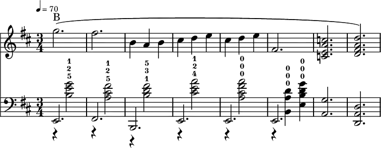 %LILY_PREAMBLE
\language "english" {\new Staff  \with{\magnifyStaff #4/3 }%Need gap before bracket
<<\time 3/4 \key d \major \relative c''{\clef treble\tempo 4=70
g'2.^\markup {B}  (               |fs2.                              | b,4 a b         | cs d e            |%36 Begin 1B
 cs d e               |fs,2.                             | <c e a c>        |<d fs a d>  )     |%40 End 1B
}\new Staff \with{\magnifyStaff #4/3 }%Need gap before bracket
<<\time 3/4 \key d \major \relative c'{\clef bass 
r4 <b e g>2-5-2-1     |r4 <a cs fs>2-5-2-1                 |r4 <b d fs>2-1-3-5 |r4 <cs e a>2-4-2-1|
r4 <a cs fs a>2-0-0-0 |r4<b, a' d>4-0-0-0  <e b' d g>4-0-0-0|%r4 <b a d>2-0-0-0 |r4 <a b c>2-0-0-0 |
% END PART 2B
} \new Voice= "first" \relative c {\clef bass\voiceOne 
e,2.                |fs                                     | b,                | e              |%36 BEGIN 3B
e                   |e                                      | <a g'>             | <d, a' d>       |%40 END 3B
}>>>>}