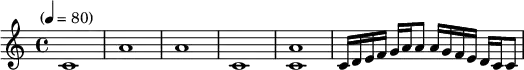 
\language "english" \relative c
% EDIT BEGIN  \transpose (\set \tempo)
\transpose c c'' 
{\set Staff.midiInstrument = #"lead 2" \key c\major \time 4/4 
\tempo "" 4 = 80 % EDIT END 

c,1 a,1 a,1 c,1 <a,c,> c,16 d, e, f, g, a, a,8 a,16 g, f, e, d, c, c,8 
}  