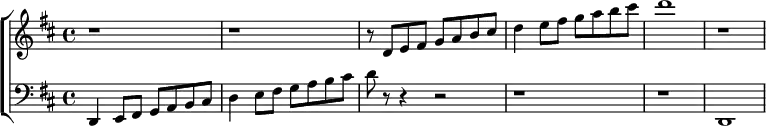 \language "english" \relative c{ \new ChoirStaff << \new Staff <<\new Voice
\transpose c d
% \transpose c c IS DEFAULT: CHANGE TO c d TWICE
{\clef treble \key c \major r1 r1 | r8 c' d'8 e' f' g' a' b' | c''4 d''8 e'' f'' g'' a'' b'' | c'''1 |r1} \new Staff
\transpose c d
% \transpose c c IS DEFAULT: CHANGE TO c d TWICE
{ \clef bass \key c \major c,4 d,8 e, f, g, a, b, | c4 d8 e f g a b | c' r8 r4 r2 r1 | r1 |c,1} >> >> }
% close